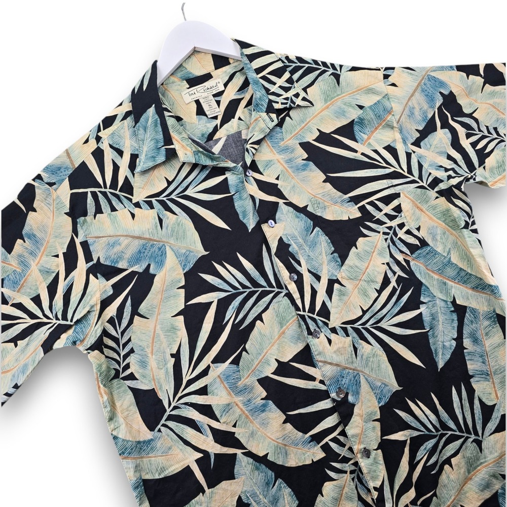 Tori Richard Mens XL Shirt Cotton Lawn Tropical Leaf Black SS Button Up USA